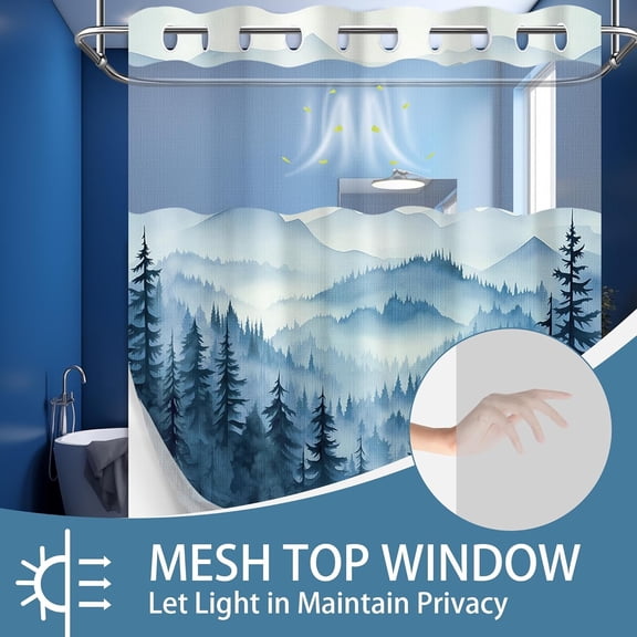 FUGee-Forest Hookless Shower Curtain with Snap in Liner, Nature Woodland No Hook Double Layer Shower Curtain and Liner Set, Ringless with Window Waterproof Cloth Fabric, 71" W x 80" L