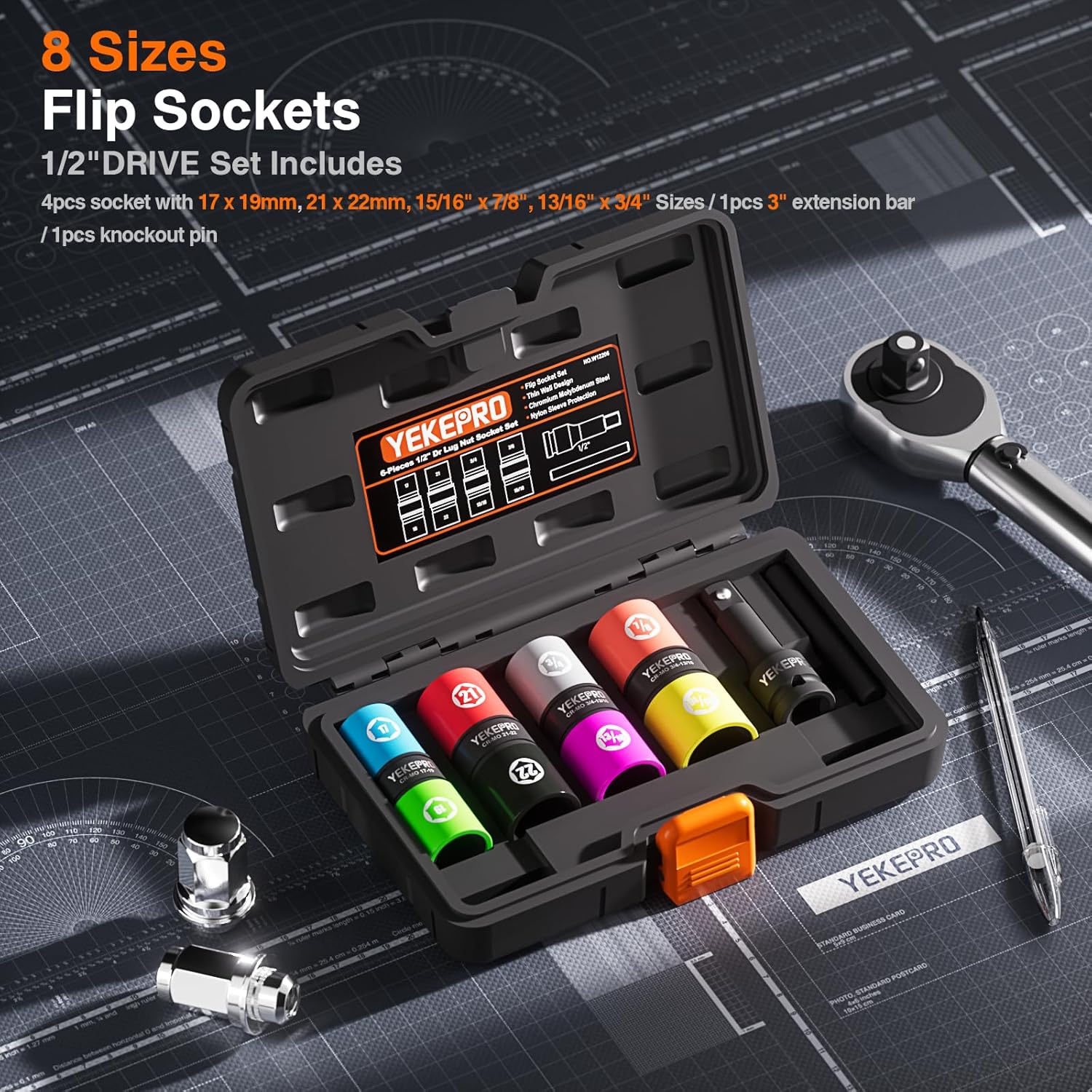 8MILELAKE 1/2” Drive Wheel Protector Impact Socket Set – 5-Piece Metric Deep Thin Wall, 15-22mm, 6-Point Plastic Sleeve Lug Nuts, Color-Coded, With Case