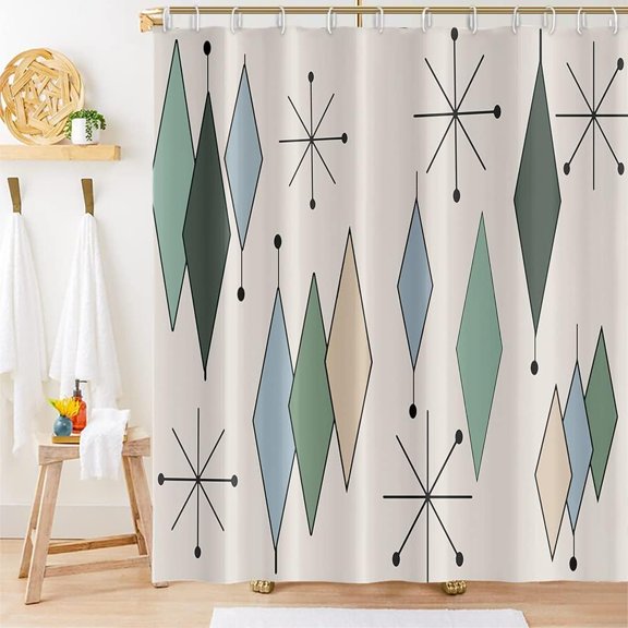 FUGee-Mid Century Shower Curtain Modern Abstract Diamond Geometric Atomic Starburst Pattern for 1950s Retro Bathroom Decor Accessories Shower Curtain Set with 6 Hooks, 36x72 Inches