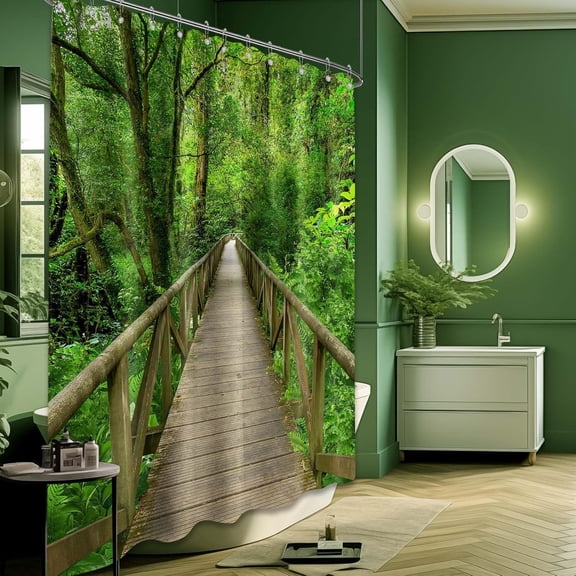 FUGee-Nature Forest Wooden Bridge Shower Curtain 3D Rain Forest Scenic Landscape Shower Curtains for Bathroom Decor, Waterproof Cloth Fabric with Hooks 70 X 72 Inch