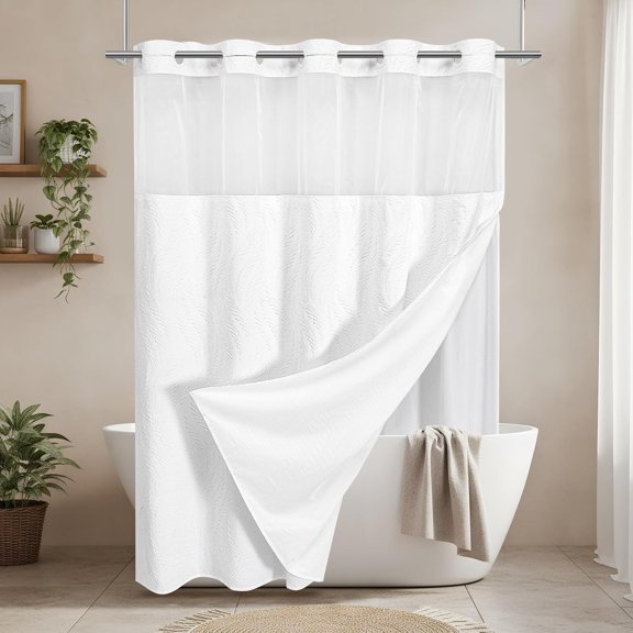 FUGee-No Hooks Tan Boho Farmhouse Cloth Fabric Shower Curtain, 3D Textured Fern Leaves Minimalist Modern Shower Curtain with Snap-in Liner & See Through Window Sets, 72x72 inches