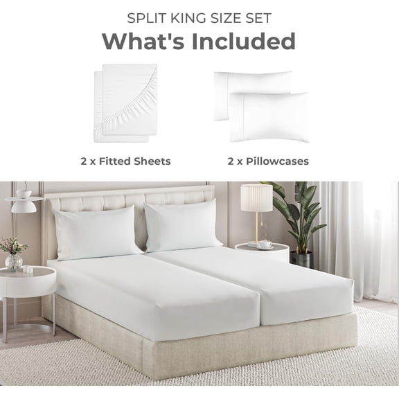 FUGee-Split King Size Bed Sheets - 4 Piece - NO Flat Sheet Included - Split King Sheet Set - Soft, Comfy & Cooling - Easy Care - Wrinkle & Fade Free - Brushed Microfiber Bed Sheets (White)
