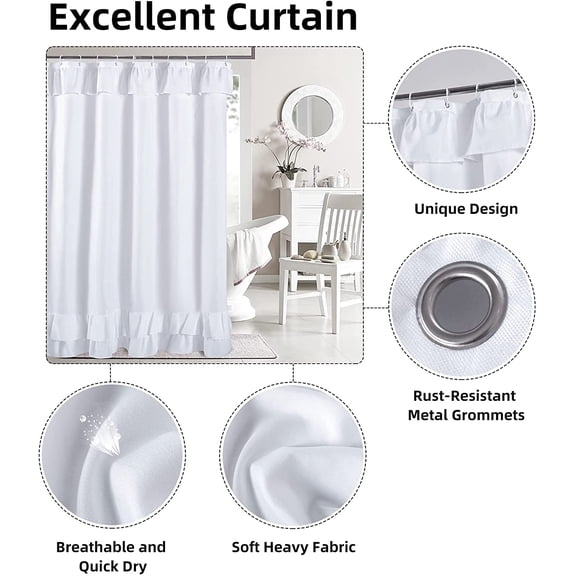 FUGee-White Ruffle Shower Curtain Farmhouse Fabric Cloth Shower Curtains for Bathroom,Standard Size 72x72 Inches