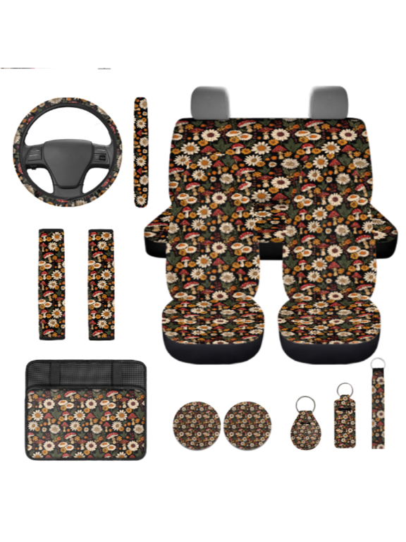 14 PCS Auto Accessories, with Steering Wheel Cover Auto Cup Pad Armrest Cover Pad Suitable for Sedans, Mushroom Wildflower Print