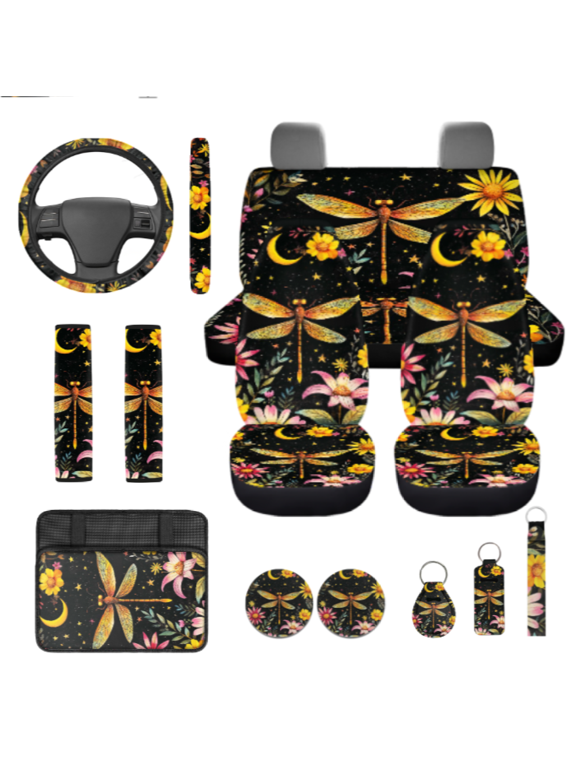 14 PCS Car Accessory Set, with Steering Wheel Cover Car Cup Holder Coaster Auto Center Console Armrest Pad Suitable for Sedans, Dragonfly Moon Floral Pattern
