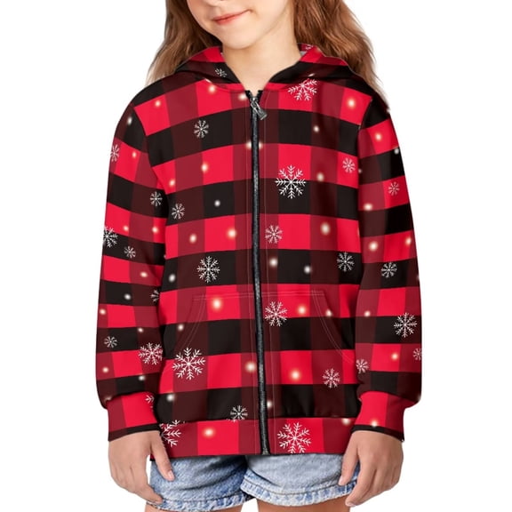 FUIALDOLG 14-16 Years Boys Zip Up Hoodies Kids Christmas Plaid Graphic Hooded Sweatshirt with Pockets Casual Winter Jackets