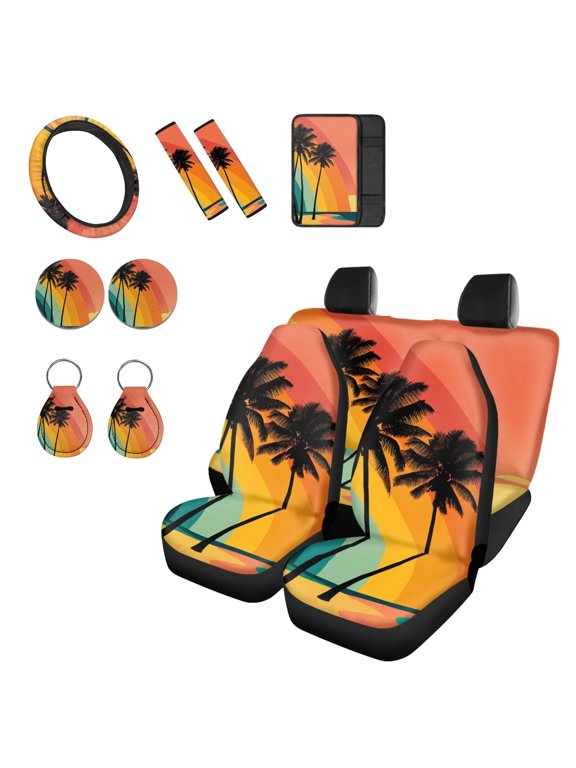 14 Piece Full Car Seat Cover Kit, with Steering Wheel Cover, Seat Belt Covers, Car Coasters, Armrest Cover Pad, Keychains for Daily Automotive Use