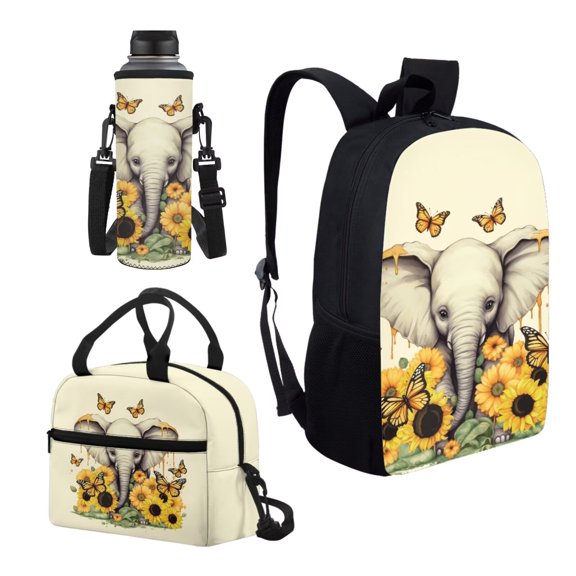 FUIALDOLG 17 Inch Backpack Set Sunflowers Elephant Print Boys Girls School Bag 3 in 1, with Water Bottle Sleeve & Insulated Thermal Cooler Lunch Box