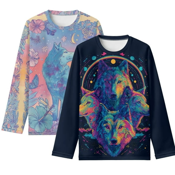 FUIALDOLG 2 Pack Boys Kids Tee Shirt Long Sleeve Watercolor Wolves Lightweight Loose Crewneck Basic T-Shirt Top for Toddlers Youth(Age 5-6)