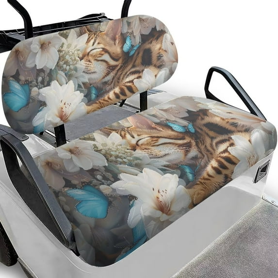 FUIALDOLG 2PCS Golf Cart Seat Covers, Cute Cat Butterfly Flower Print Breathable Front and Rear Seat Cushion Cover Fits for Ezgo Club Car Golf Cart Original Regular Seats, No Stapler