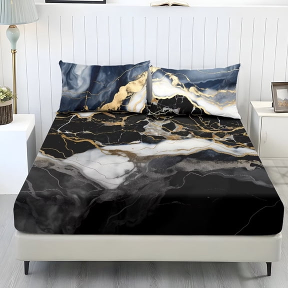 FUIALDOLG 3 Piece Black Marble Sheets Soft and Breathable Bedding Cover Include 1 Fitted Sheet and Pillowcase Hotel Bedroom Decor,Twin