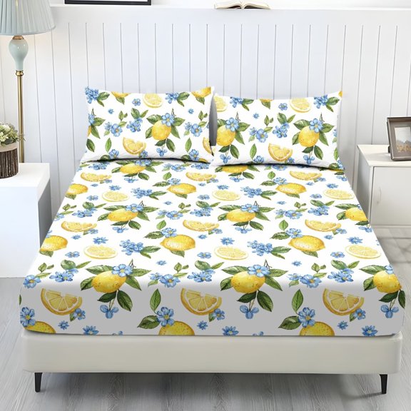 FUIALDOLG 3 Piece Lemon Pattern Bedding Cover 3 Piece Bed Sheet Cover Soft Easy Care Bed Sheet Set with 9.8 Inch Deep Pockets Comfy Fitted Sheets Pillow Case for Adult Kids,Twin