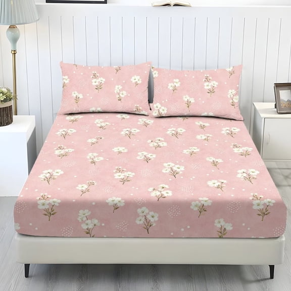 FUIALDOLG 3Pcs White Floral Print Sheets Set with 1 Fitted Sheet and 2 Pillowcases Wrinkle Free Twin Size Bed Sheets Set Lightweight Cozy Bedding Set Easy & Secure Fit