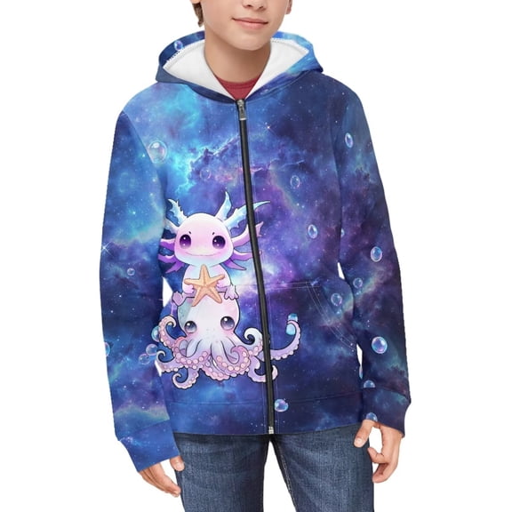 FUIALDOLG 8-10 Years Boys Zip Up Hoodies Kids Galaxy Axolotl Octopus Graphic Hooded Sweatshirt with Pockets Casual Winter Jackets