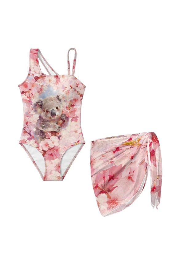 Age 7-18 Pink Cherry Blossom Koala Swimwear for Girl One Shoulder Swimsuit with Coverup Quick Drying One Piece Beach Sport Bathing Suit