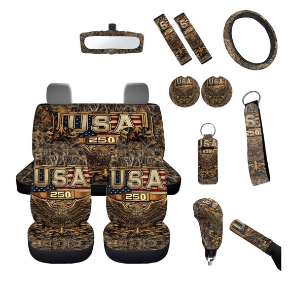 FUIALDOLG American 250Years Car Seat Covers 14Pcs Universal Fit Hunting Camo Auto Front Rear Seat Protectors Steering Wheel Cover Shift Knob Handbrake Cover Patriotism Auto Interiors