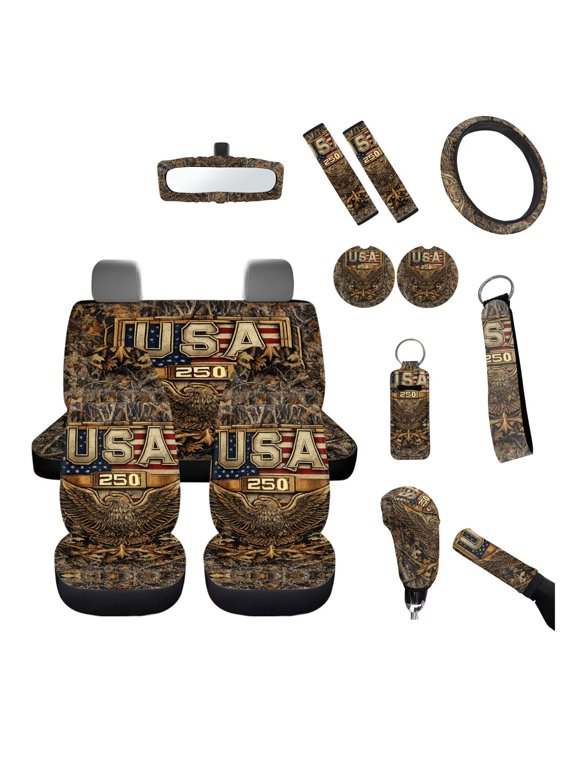 American 250Years Car Seat Covers 14Pcs Universal Fit Hunting Camo Auto Front Rear Seat Protectors Steering Wheel Cover Shift Knob Handbrake Cover Patriotism Auto Interiors