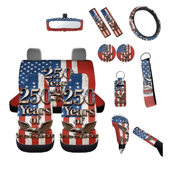 FUIALDOLG American Flag Auto Seat Covers 14Pcs Universal Car Interior with Steering Wheel Cover Shoulder Seat Belt Pads Front Rear Seats Protectors Patriotism Decor,250Years of Freedom