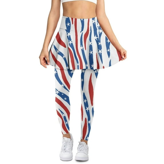 FUIALDOLG American Flag Blue Red Stripes Skirt with Leggings for Women Breathable Active Tennis Golf Skorts Gym Workout Running Yoag Leggings with Pocket,Size L
