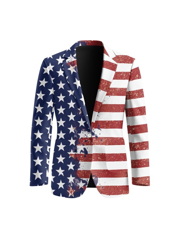 American Flag Design Slim Fit Mens Blazer Suit Jacket, Modern Polyester Formal Coat for Formal Dinners Prom