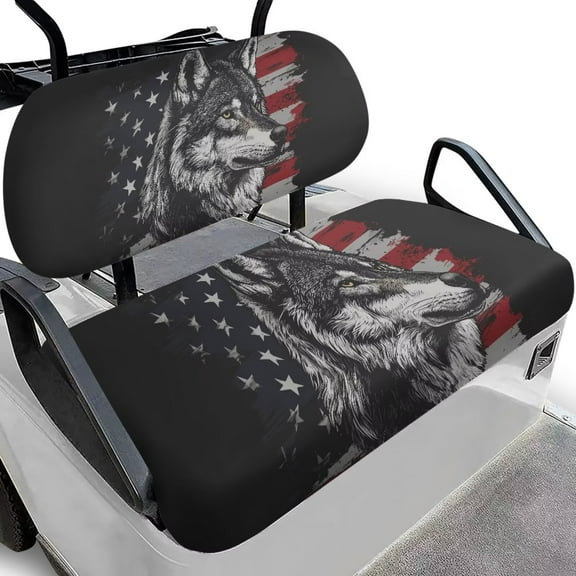 FUIALDOLG American Flag Wolf Print Golf Cart Seat Protector Easy to Install Ezgo Txt Front and Back Seat Cushion Cover for Golf Cart Decorations All Seasons