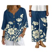 FUIALDOLG Art Flower Print Women Two Piece Outfits Retro 70s 80s Top Wide Leg Pants Lounge Matching Sets Travel Clothes Plus Size for Women