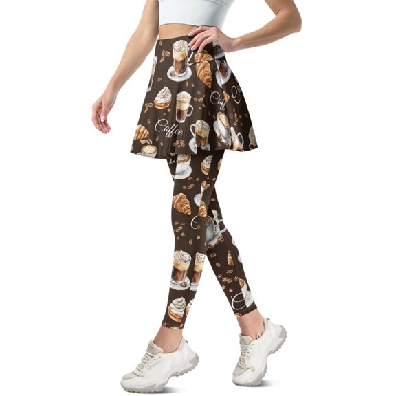 FUIALDOLG Athletic Skit with Leggings for Women Coffee Cups Brown Tennis Skirted Leggings Comfort Stretchy Golf Yoga Skorts Gym Workout Trousers,Size 3XL