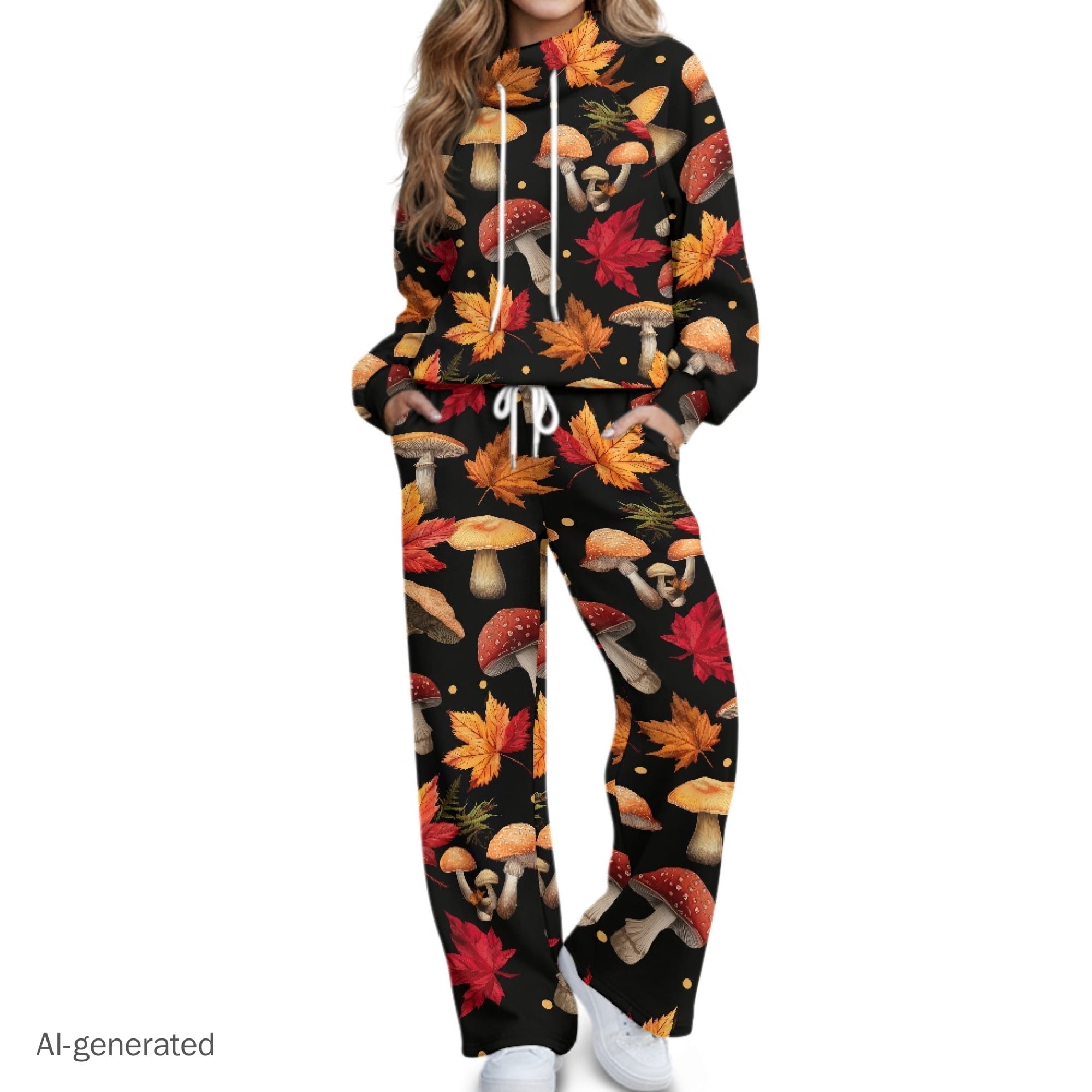 FUIALDOLG Autumn Leaf Pattern Loose Womens Two Piece Sets, Double Sided ...