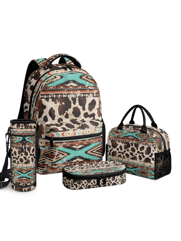 Aztec Ethnic Tribal Backpack for Boys 6-8 10-12 Cow Print Bookbag Set with Lunch Box Pencil Case Kids School Bag Water Bottle Sleeve Elementary Kindergarten Preschool Rucksack Daypack