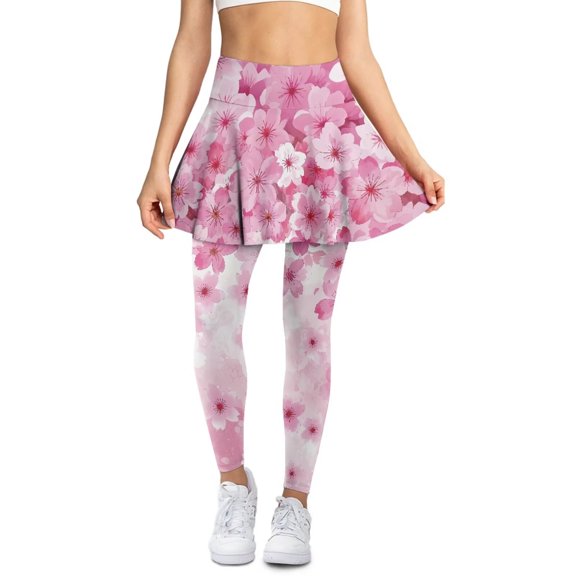 FUIALDOLG BPink Cherry Blossom Floral Skirted Leggings for Women High Waist Pleated Athletic Skirted with Leggings Comfy Golf Pants Gym Workout Trousers,Size L