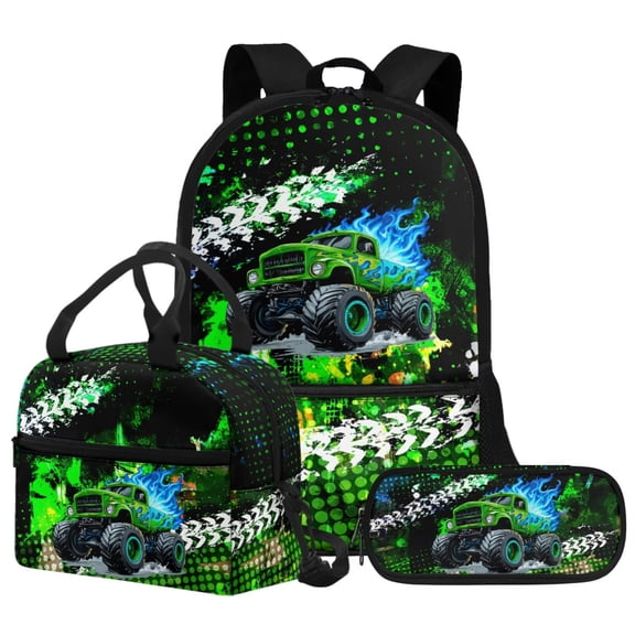 FUIALDOLG Backpack for Girls 3pcs Set Kids Backpack with Lunch Box Students Book Bag for Elementary Primary Middle School Bags Graffiti Truck Flame Print