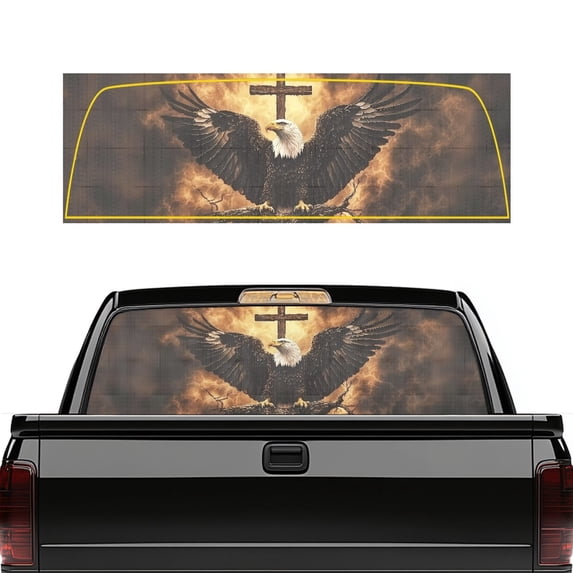 FUIALDOLG Bald Eagle Cross Pickup Car Window Stickers 66.9 x 22.4 Inch Truck Rear Window Decal for Most Trucks, Vinyl UV Protection Back Window Decal