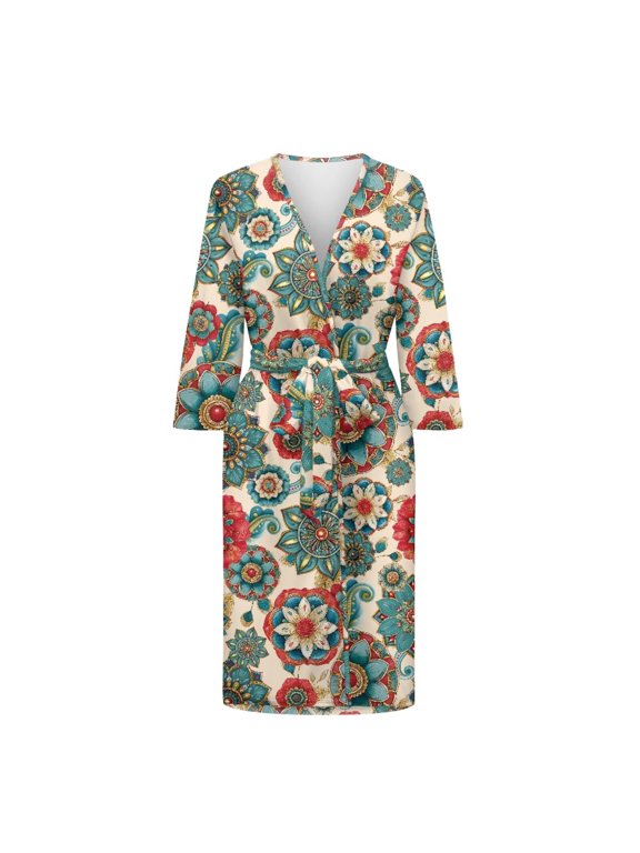 Bathrobes for Women Skin Friendly Sleepwear V Neck Long Sleeve Boho Mandala Flower Nightgowns Fall Winter Robes, Plus Size