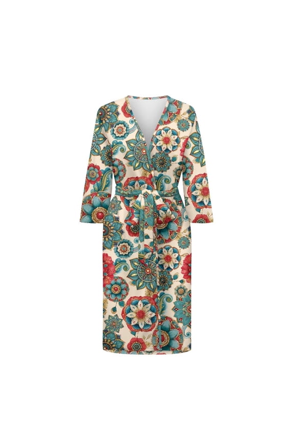 Bathrobes for Women Skin Friendly Sleepwear V Neck Long Sleeve Boho Mandala Flower Nightgowns Fall Winter Robes, Plus Size