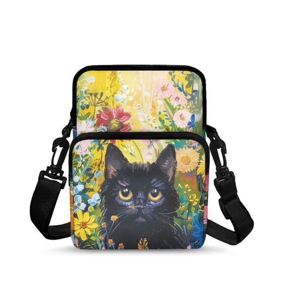 FUIALDOLG Black Cat Floral Crossbody Bag, Polyester Lightweight Messenger Bag for Daily Travel and Casual Shopping