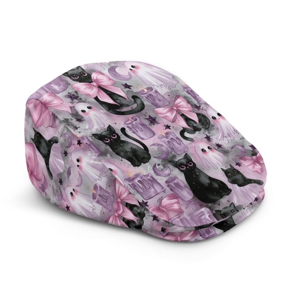 FUIALDOLG Black Cat Ghost Halloween Soft Flat Cap, Adjustable Lightweight Polyester Beret Hat for Outings Driving Outdoor