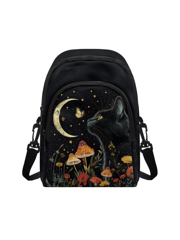 Black Cat Moon Pattern Small Crossbody Wallet for Shopping Travel, Lightweight Sling Bag Polyester Zippered Crossbody Bag