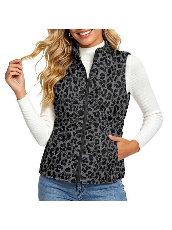 Black Leopard Print Pattern Women's Quilted Vest Lightweight with Zip Stretch Polyester Women's Vests for Outdoor Activities Winter