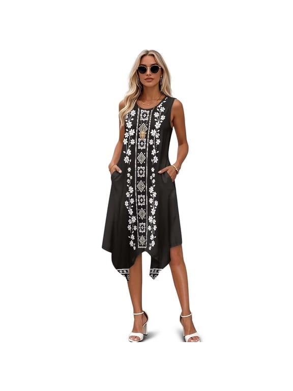 Black Southwestern Tribal Aztec Dress for Women Lady Casual Sleeveless Midi Swing Tank Dresses with Pocket Kitten Pattern Coverups Beach Outfits,2XL