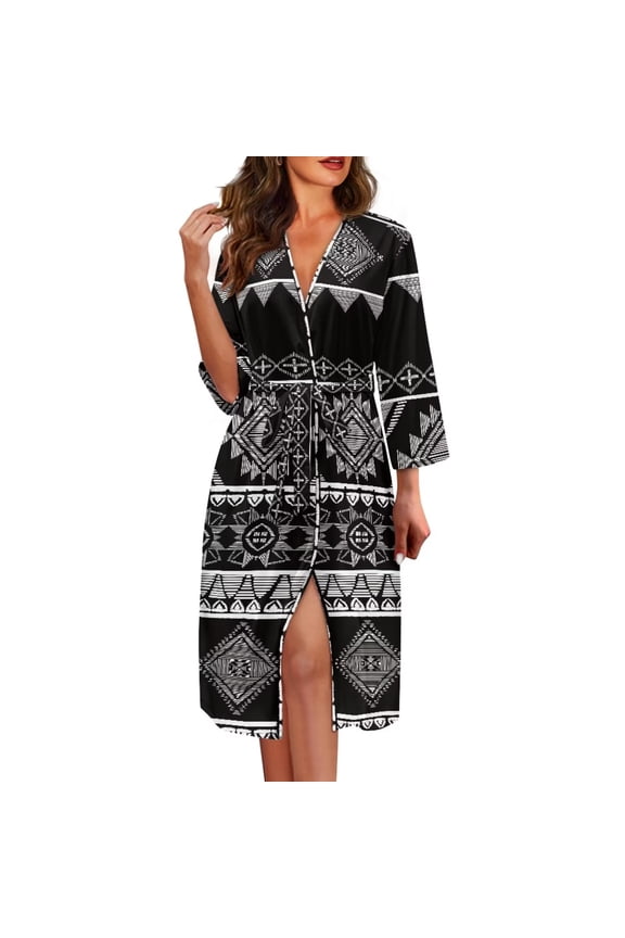 Black Western Aztec Women's Nightgown Loose Fit Bathrobes Trendy V Neck Robes with Adjustable Belt Lounge Wear for Travel