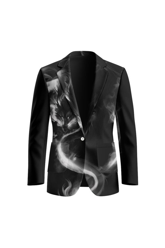 Black White Dragon Print Polyester Business Casual Suit with Pockets, Slim Fit Single Breasted One Button Blazer for Prom