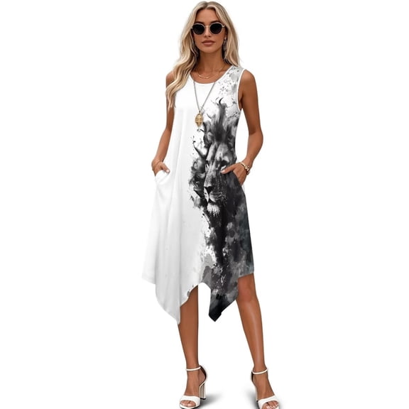 FUIALDOLG Black White Lion Dresses Summer Sleeveless Sundress with Pocket Round NeckSundress Womens A-line Asymmetric Skirt Loose Fit Swing Midi Cocktail Dress,2XL