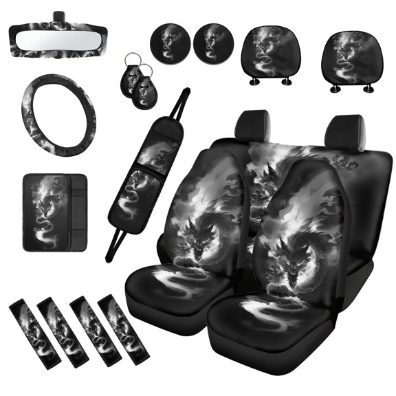 FUIALDOLG Black White Wolf Print Seat Covers Full Set - Front & Rear Car Seat Protector Set,Headrest Covers,Steering Wheel Cover Shoulder Pads Headrest Cover View Mirror Cover Seat Storage Bag