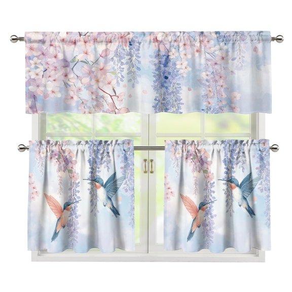 FUIALDOLG Blackout Kitchen Curtains and Valances Set for Bedroom, Light Filtering Kitchen Curtain Valance and Tiers Set Polyester 3 Pieces, Hummingbird Floral