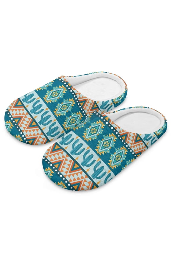 Blue Aztec Cactus Print Womens House Slippers Closed Toe Slide Soft Sole Indoor Slippers for Women Men Home Shoes, Size 6-7