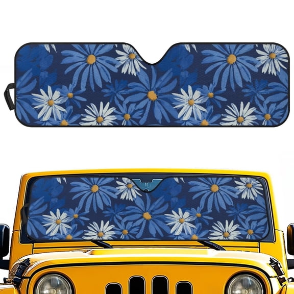 FUIALDOLG Blue Daisy Flower Car Windshield Sun Shade for Car Front Window Block UV Rays Foldable Sun Visor Protector Sunshade to Keep Your Vehicle Cool 52.95”x 16.14”