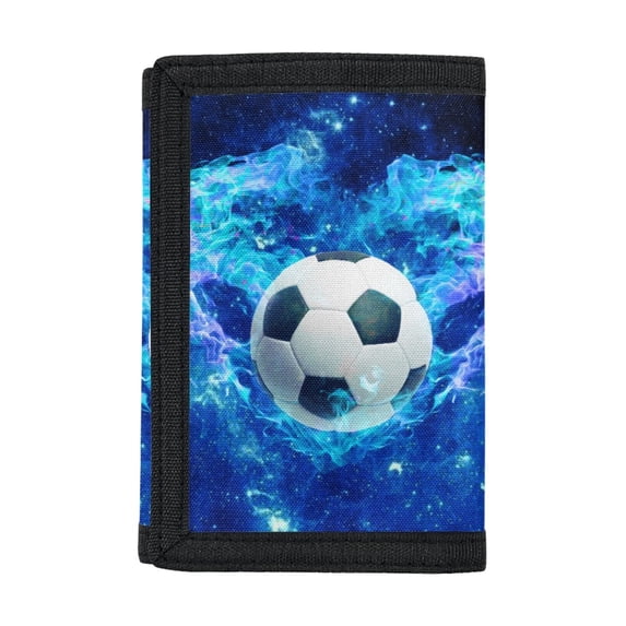 FUIALDOLG Blue Flame Soccer Trifold Card Wallet, Lightweight Polyester Youth Wallet for Daily School and Outdoor Use