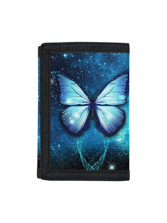 Blue Galaxy Butterfly Washable Trifold Card Wallet, Polyester Coin Pockets Lightweight Children's Wallet for Sports Travel