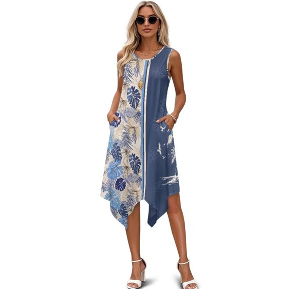 FUIALDOLG Blue Hawaiian Palm Leaf Dress Womens Summer Sleeveless Dress Loose Fit Pleated Sundress With Pocket Elegant Cocktail Party Maxi Dresses,L