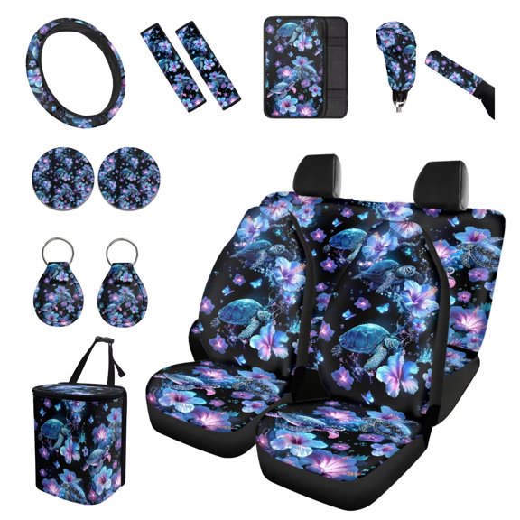 FUIALDOLG Blue Hibiscus Flower Turtle Car Accessories Interior Full Set 14Pcs Turtle Steering Cover Seatbelt Armrest Keychain Vehicle Gear Shift Knob Handbrake Covers Protective for SUV Truck Sedan